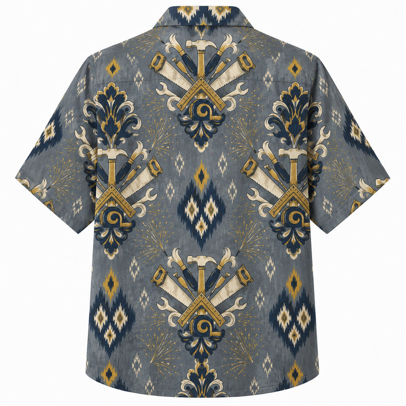 Labor Day Hawaiian Shirt- Crossed Hammer Ikat Design for the Long Weekend