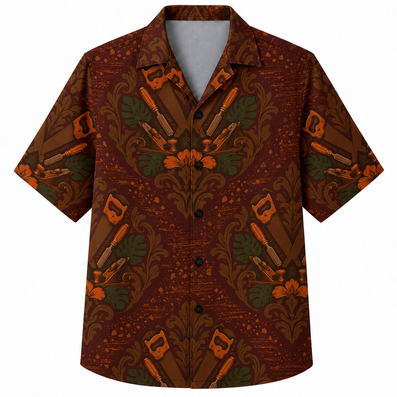 Labor Day Hawaiian Shirt - Damask Saw and Screwdriver Print for the Cookout