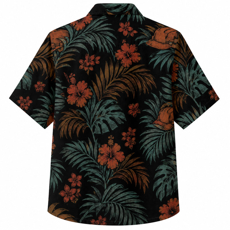 Labor Day Hawaiian Shirt- Dark Tropical Palm and Hard Hat Print