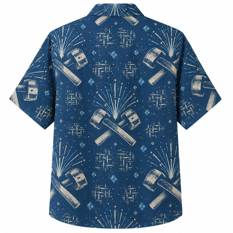 Labor Day Hawaiian Shirt Firework Bat Blue Print for the Holiday