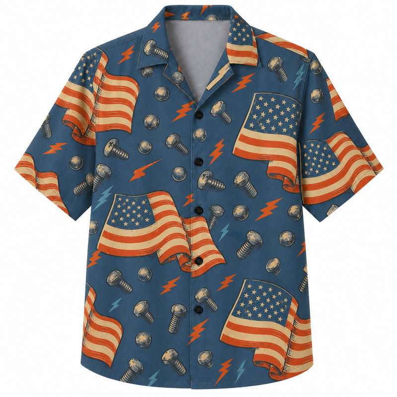 Labor Day Hawaiian Shirt - Flag Bolt and Lightning Print for the Crew