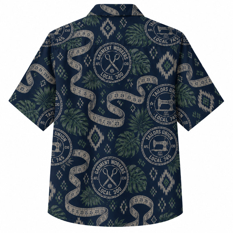 Labor Day Hawaiian Shirt- Garment Union Stamp and Sewing Print