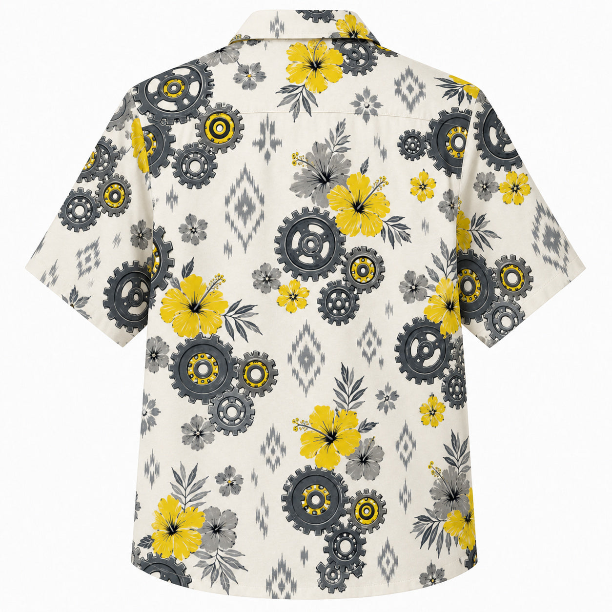 Labor Day Hawaiian Shirt- Golden Hibiscus and Iron Gear Bloom Print