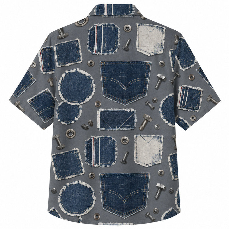 Labor Day Hawaiian Shirt- Gray Denim Pocket and Rivet Patch Print