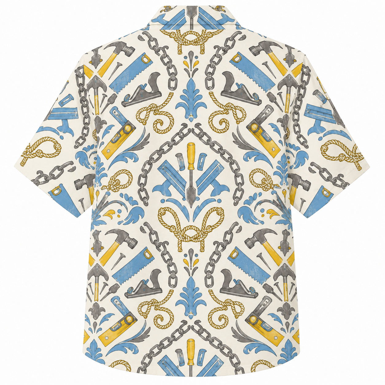 Labor Day Hawaiian Shirt- Handsaw and Chain Damask Print in Cream