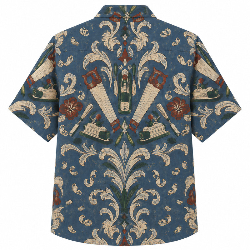 Labor Day Hawaiian Shirt- Handsaw and Hand Plane Damask Print
