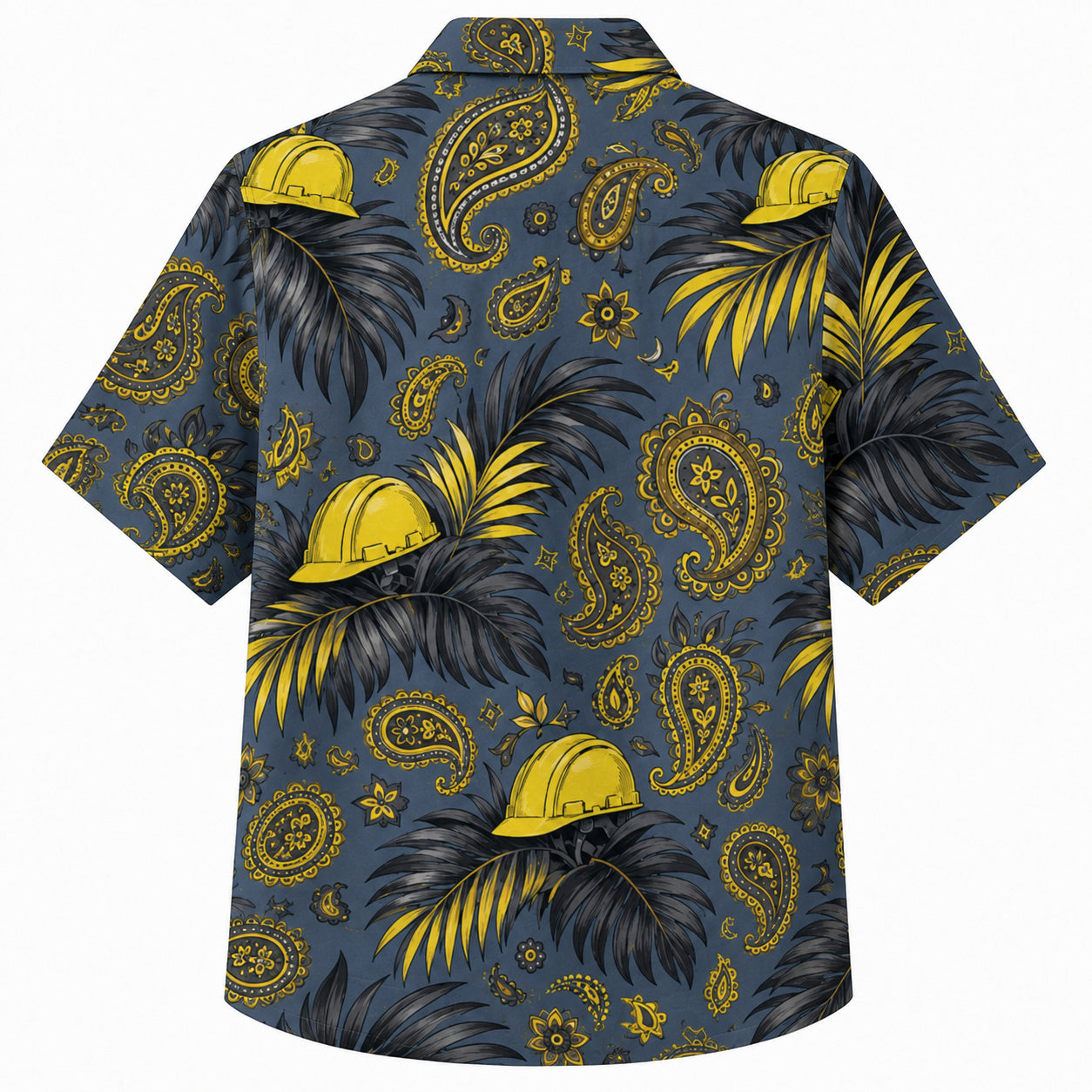 Labor Day Hawaiian Shirt- Hard Hat and Paisley Palm Frond in Slate Blue