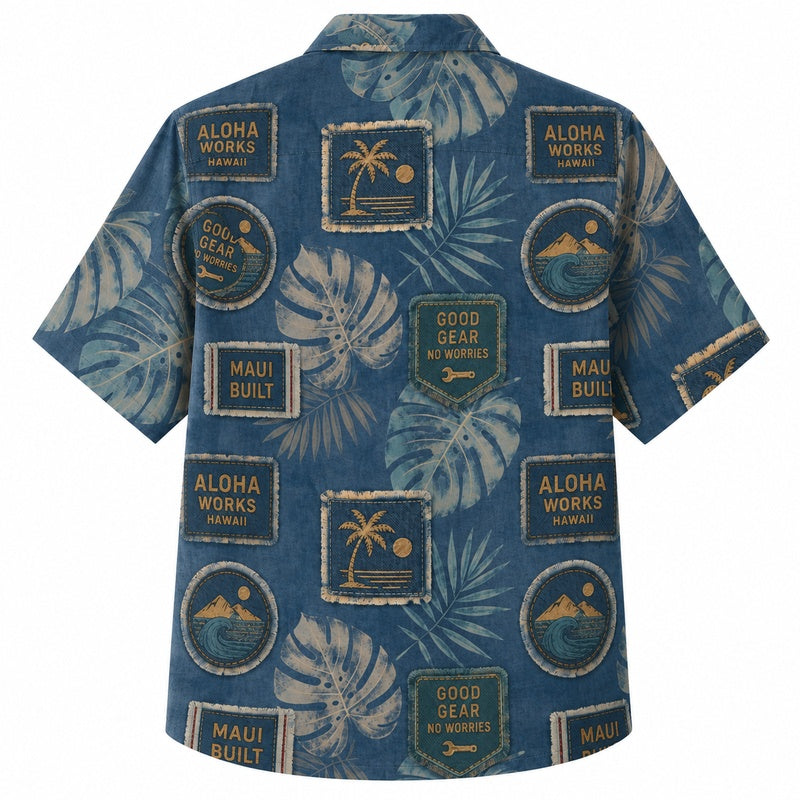 Labor Day Hawaiian Shirt- Island Workwear Patch Print for Summer