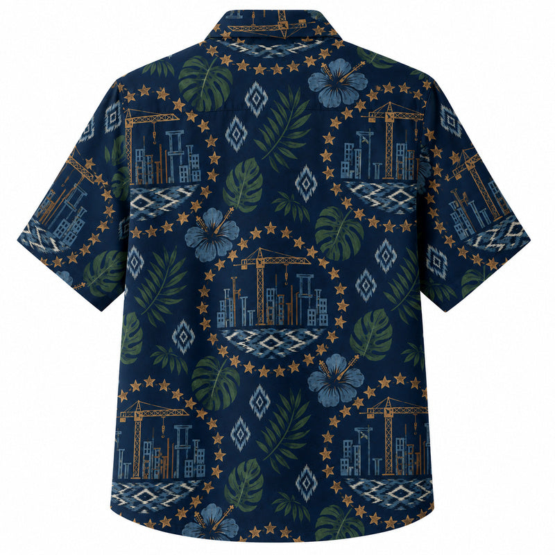 Labor Day Hawaiian Shirt- Navy Skyline Crane and Star Ring Print