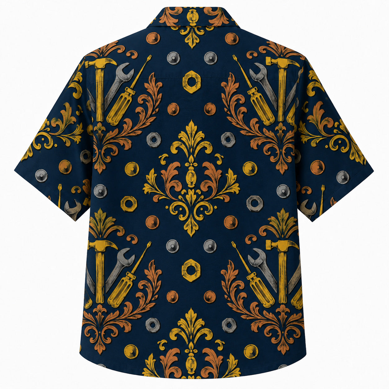 Labor Day Hawaiian Shirt- Ornate Wrench Damask and Bolt Print in Navy