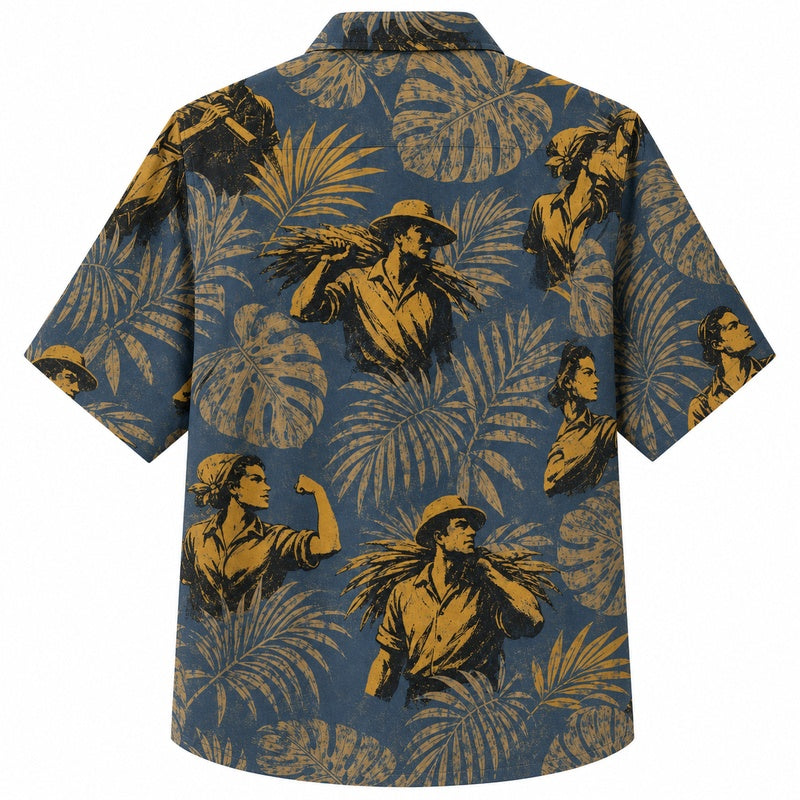 Labor Day Hawaiian Shirt- Riveter and Palm Foliage Print for Workers