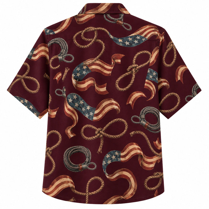 Labor Day Hawaiian Shirt- Rope Knot and Flag Ribbon Print in Burgundy
