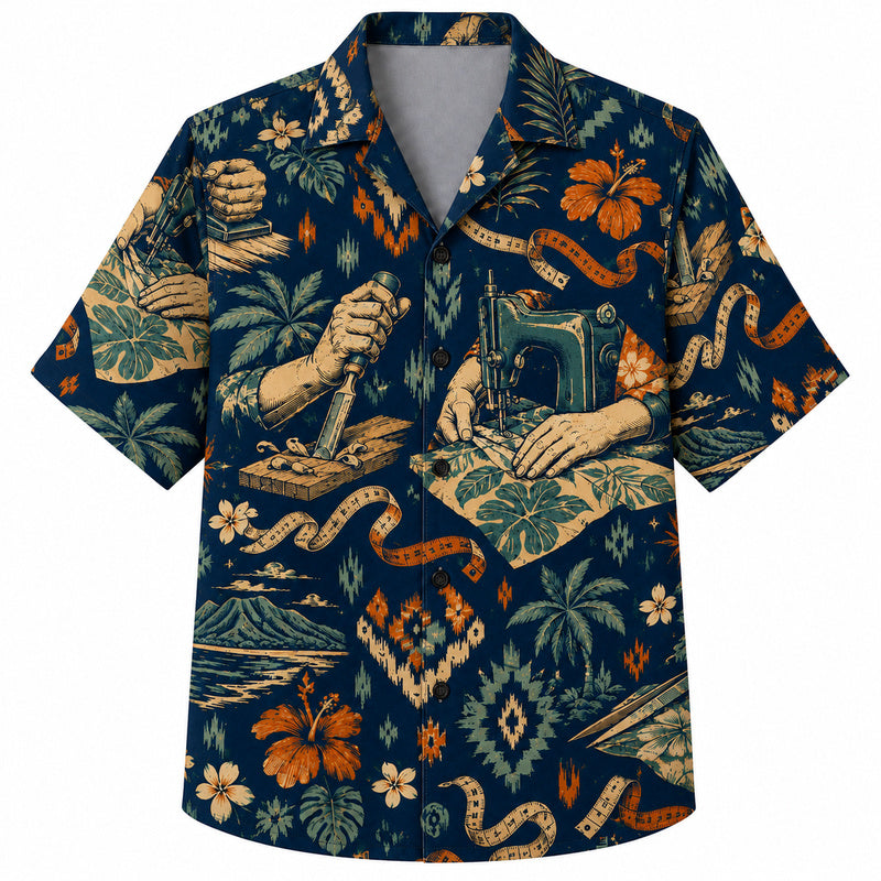 Labor Day Hawaiian Shirt - Sewing Machine Palm Hibiscus Print for Workers