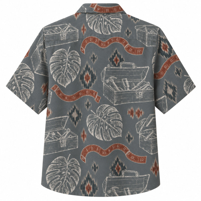 Labor Day Hawaiian Shirt- Slate Toolbox and Tape Measure Print