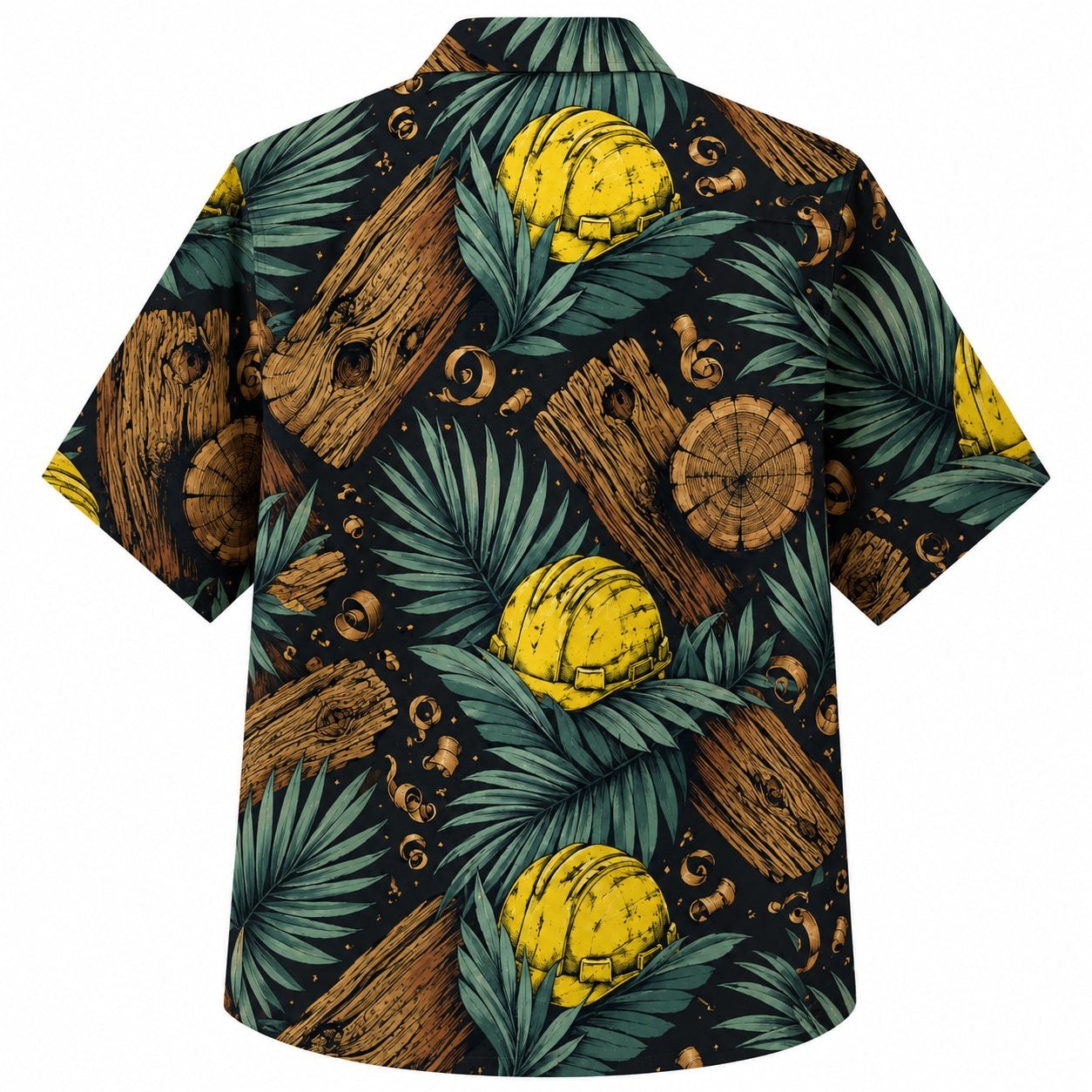 Labor Day Hawaiian Shirt- Timber Log and Hard Hat Jungle Print in Black