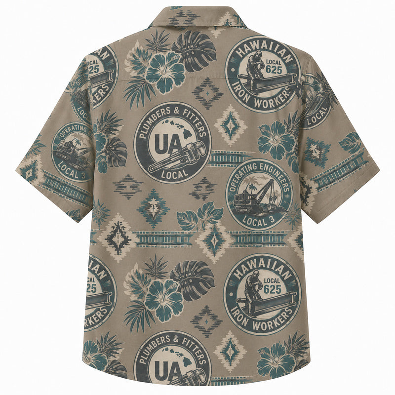 Labor Day Hawaiian Shirt- Trade Union Badge and Hibiscus Print