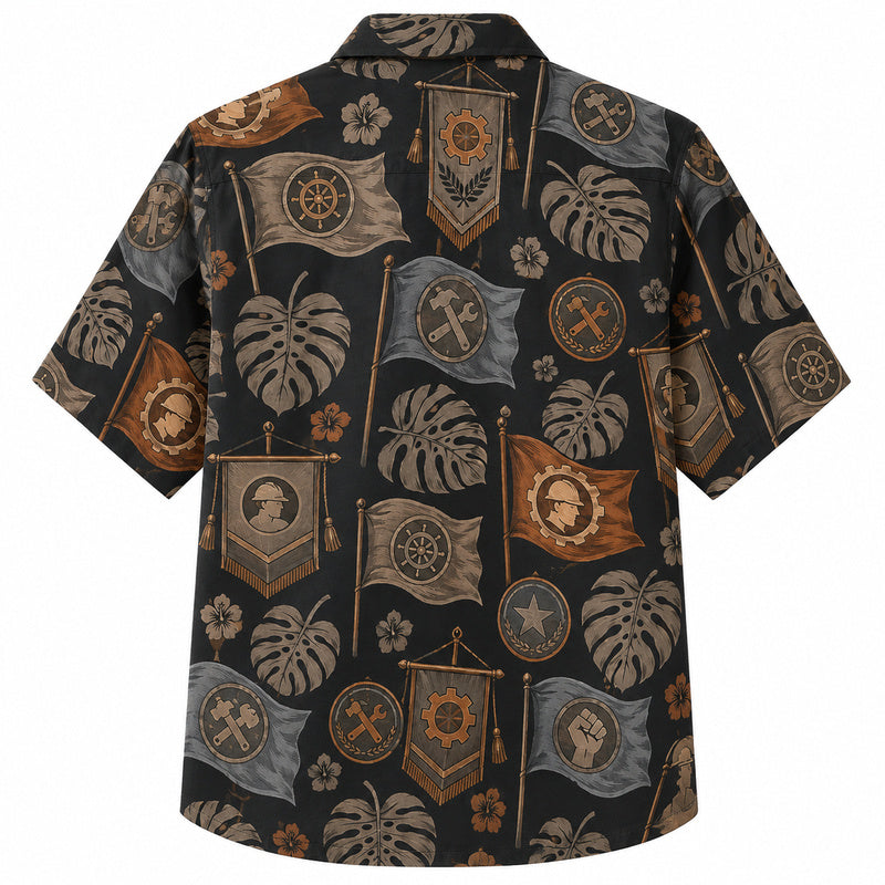 Labor Day Hawaiian Shirt- Union Banner and Ship Wheel Crest Print