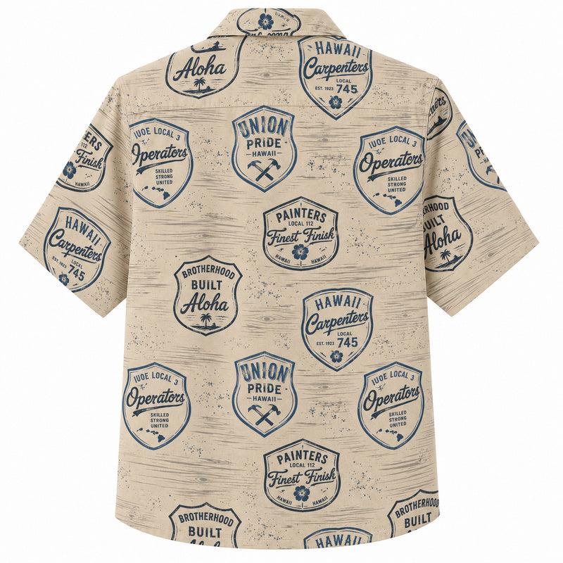 Labor Day Hawaiian Shirt- Union Crest Patch Print on Weathered Wood