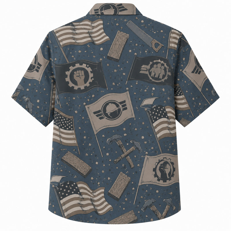Labor Day Hawaiian Shirt- Union Flag Fist and Gear Banner Print