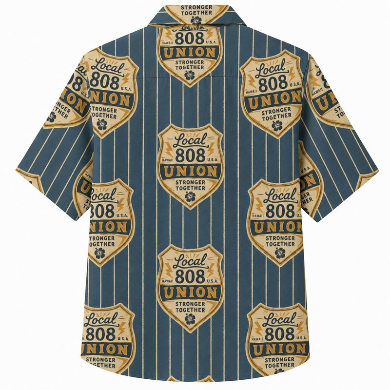 Labor Day Hawaiian Shirt- Union Shield Pinstripe Print for Workers