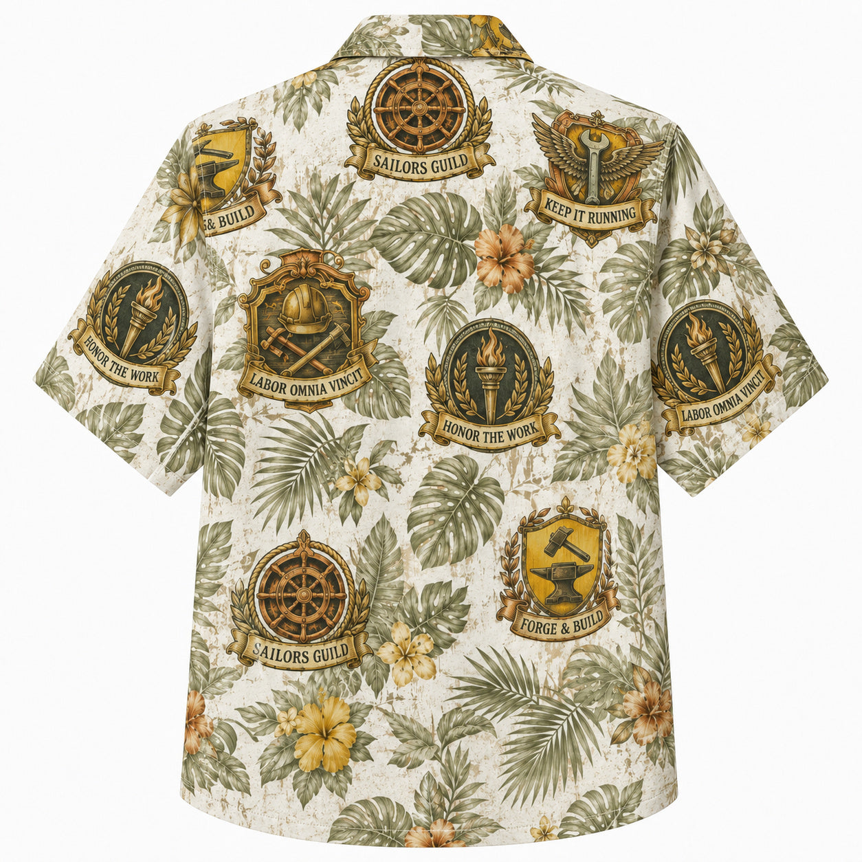 Labor Day Hawaiian Shirt- Vintage Guild Crest and Tropical Leaf Print