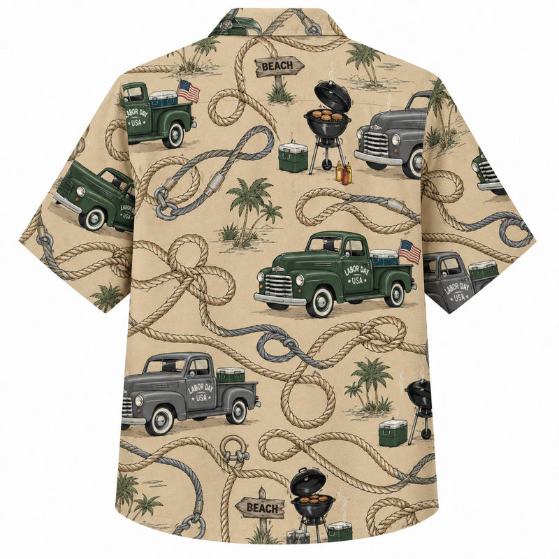 Labor Day Hawaiian Shirt- Vintage Pickup Truck and Rope Palm Print