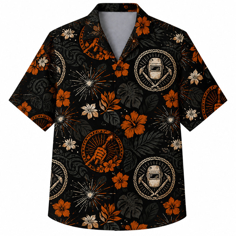 Labor Day Hawaiian Shirt - Welder Emblem Hibiscus Print for the Cookout