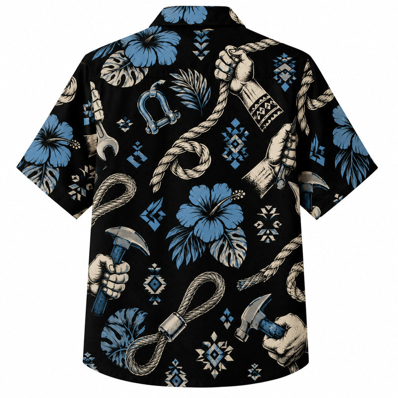 Labor Day Hawaiian Shirt- Working Hands Hibiscus and Rope Print