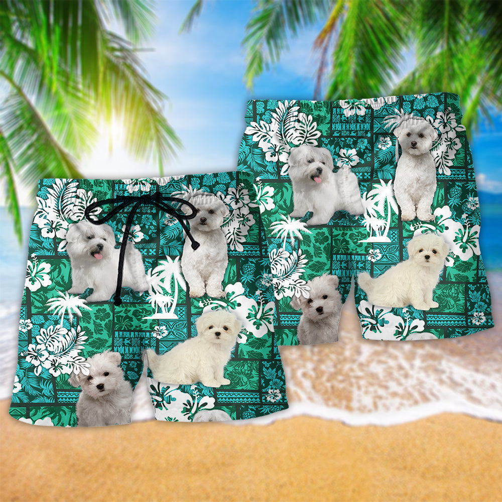 Maltese Dog Tropical Leaf Cute Art – Beach Short