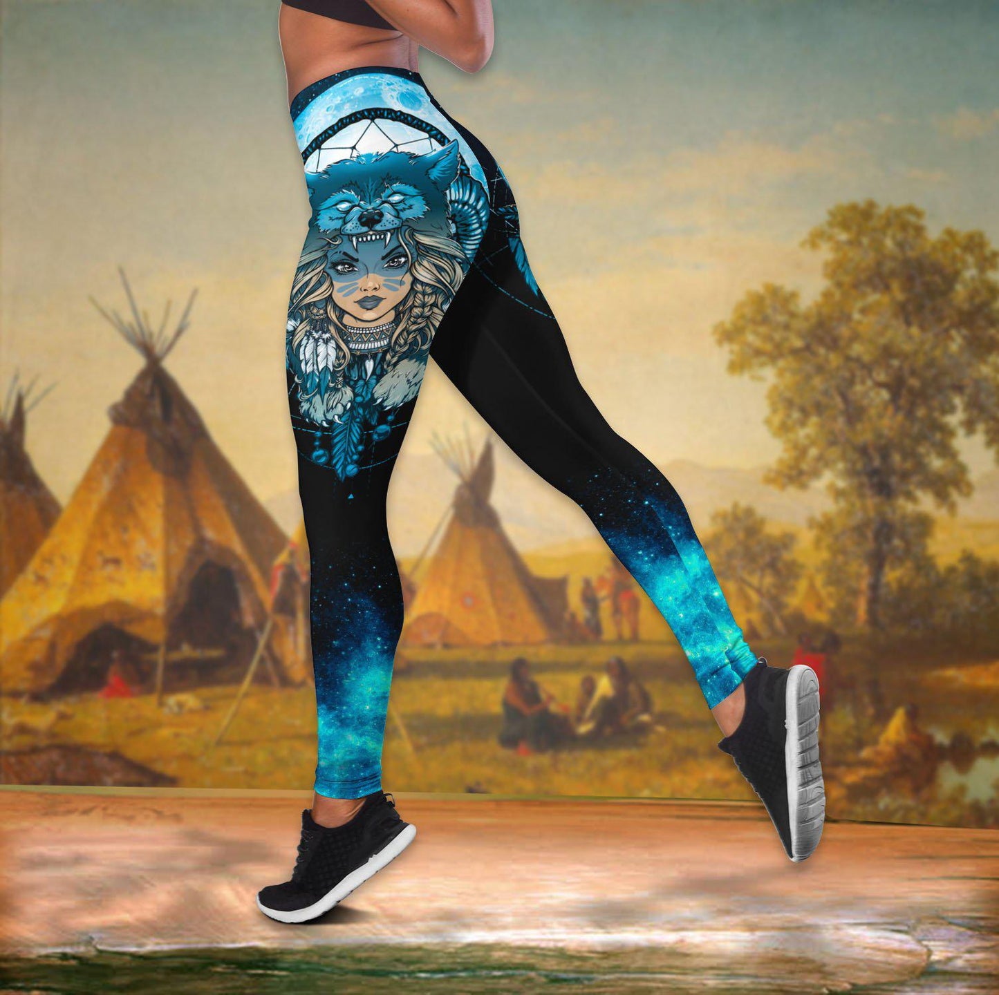 Legging / S Native Girl Wolf Dreamcatcher Blue - Cross Open Back Camisole Tank Top CROT01NGA290521 - Owls Matrix LTD