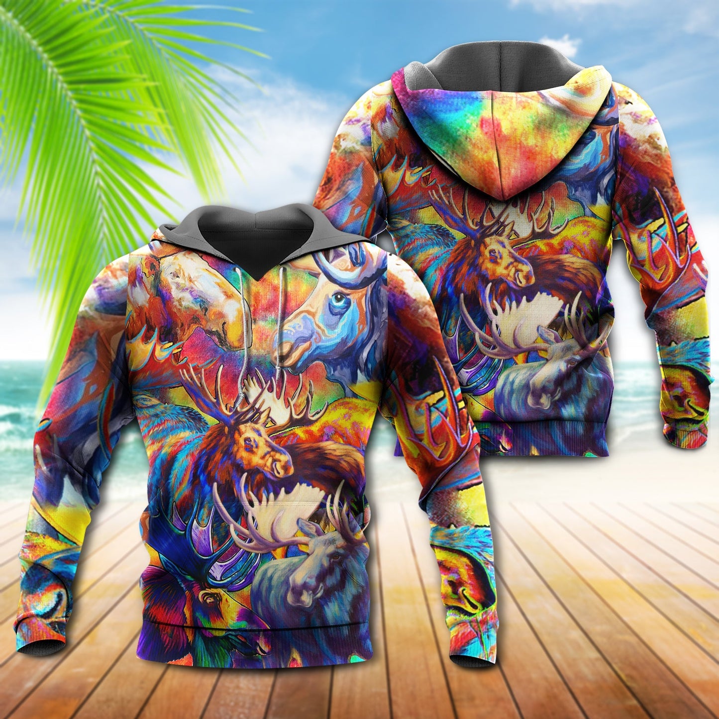 Moose Wildlife Colorful Painting Style - 3D Hoodie