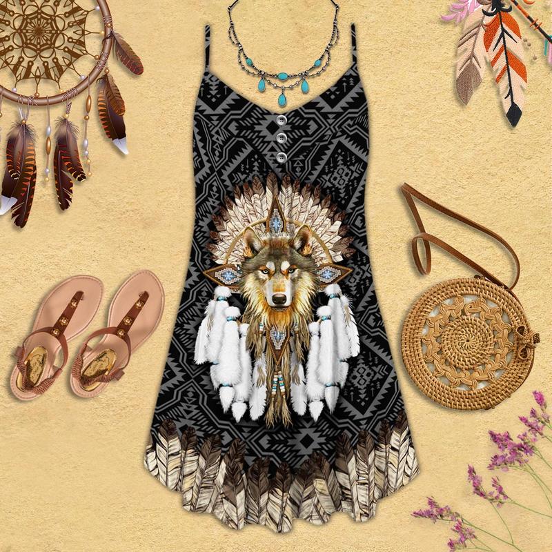 Native Wolf Loves Dreamcatcher Limited – Women's Summer Sleeveless V-Neck Camisole Dress