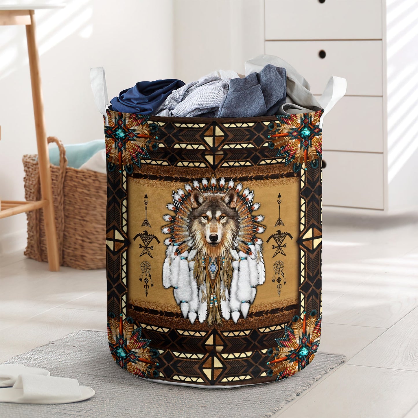 Native strong wolf thinking - Laundry basket - LAUB02LIN260222-Owls Matrix