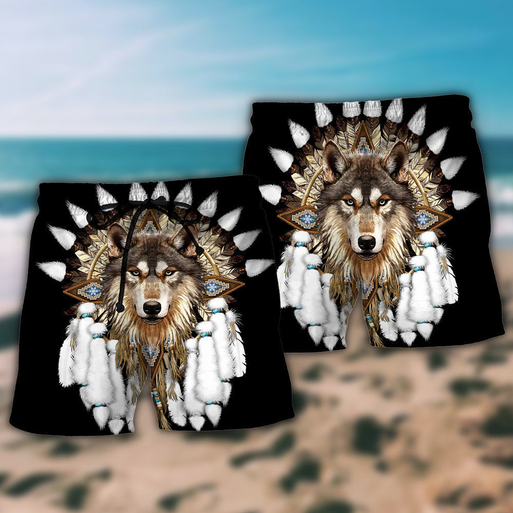 Native Wolf Minimal Black Art – Beach Short