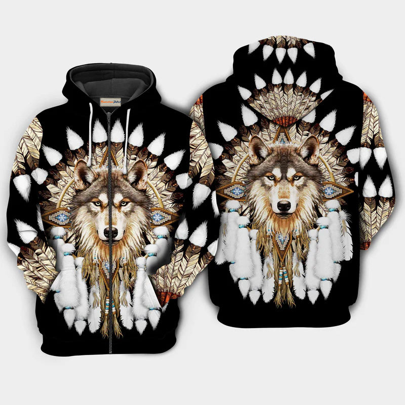 Native Wolf Feather Art – 3D Hoodie
