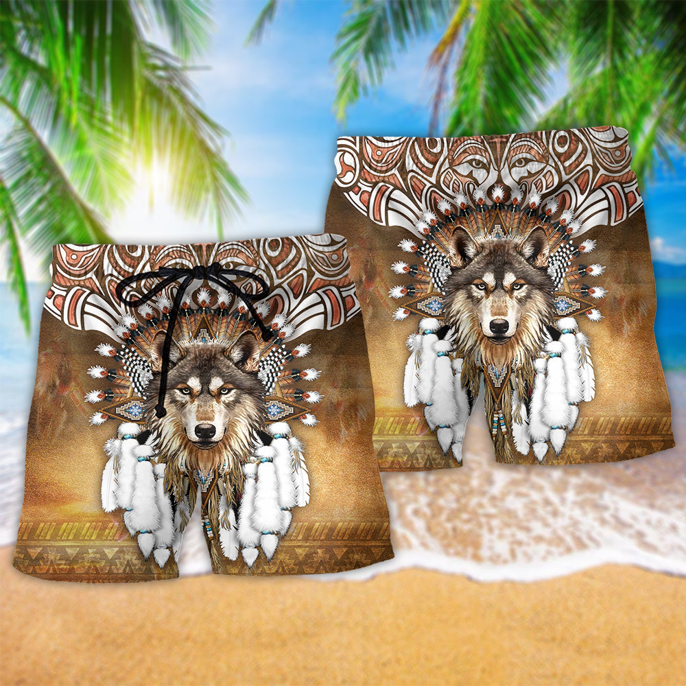 Native Wolf King Feather Art – Beach Short