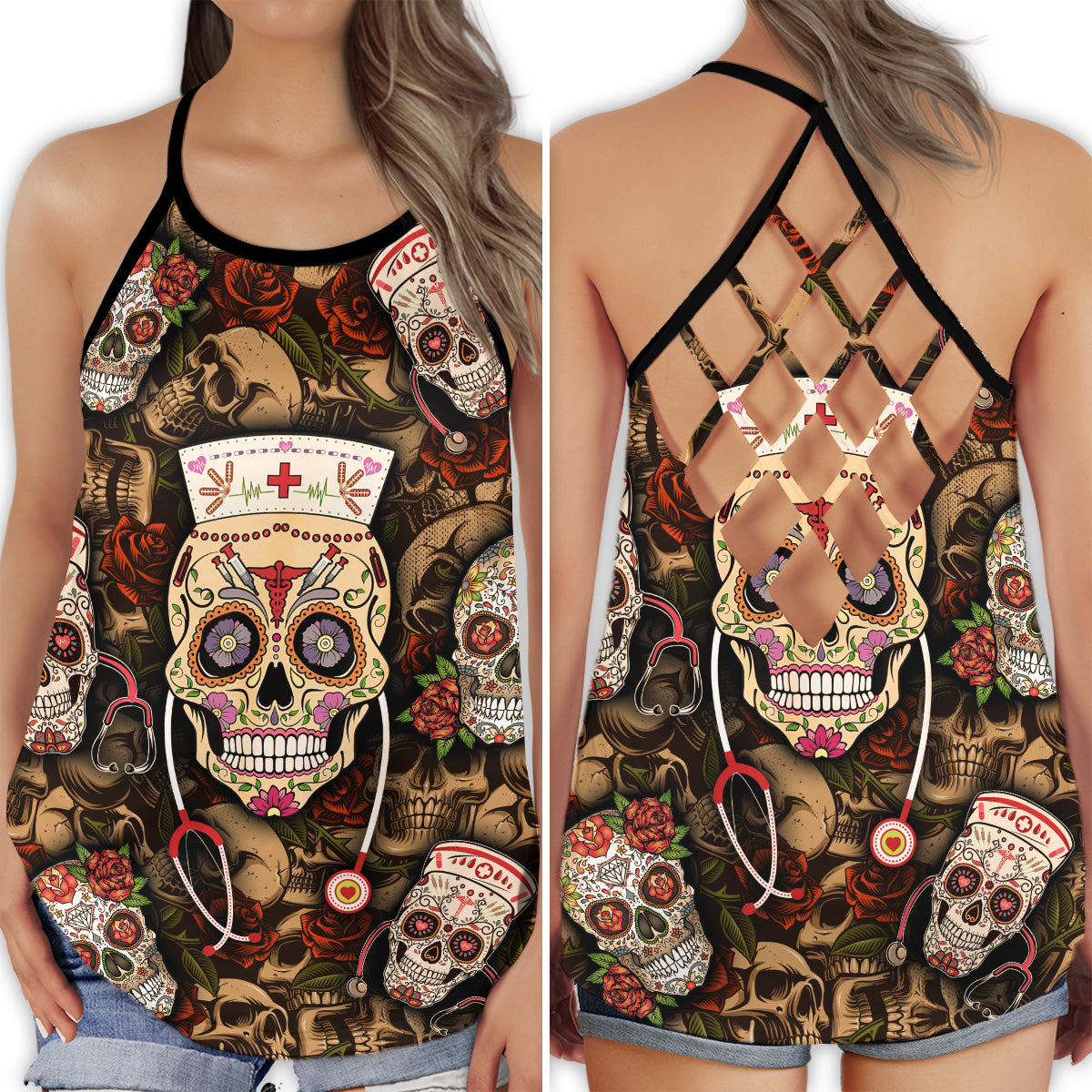 Nurse Skull And Rose Bold Energy - Hollow Tank Top