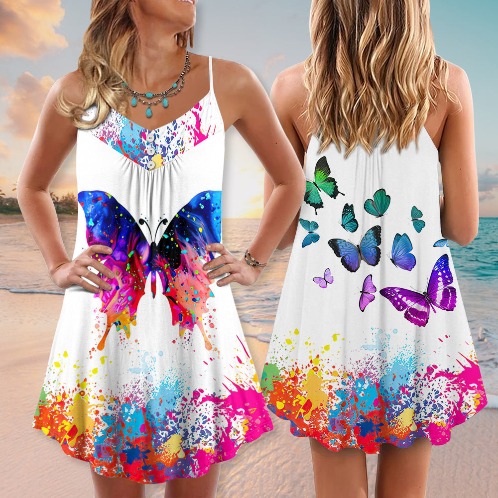 Colorful Butterfly Summer Joy – Women's Summer Sleeveless V-Neck Camisole Dress