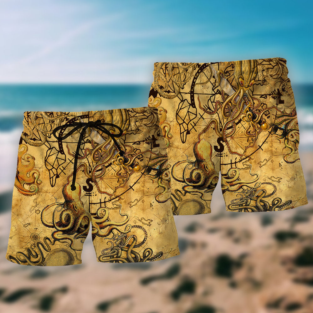 Vintage Octopus Treasure Hunt Nautical Art – Beach Short
