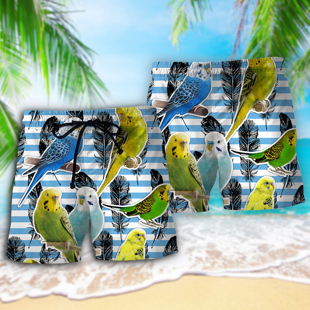 Blue And White Parakeet Stripe Art – Beach Short