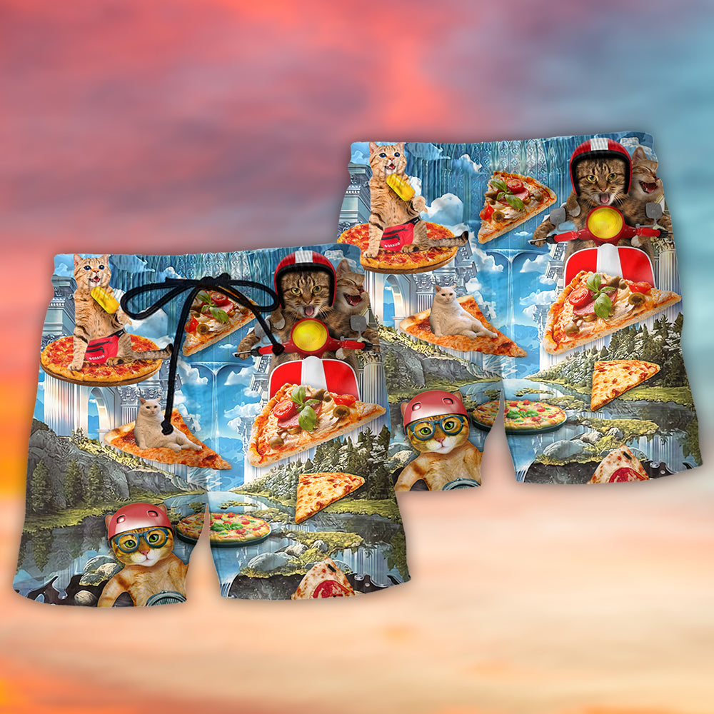 Cat And Pizza Funny Combo Art – Beach Short