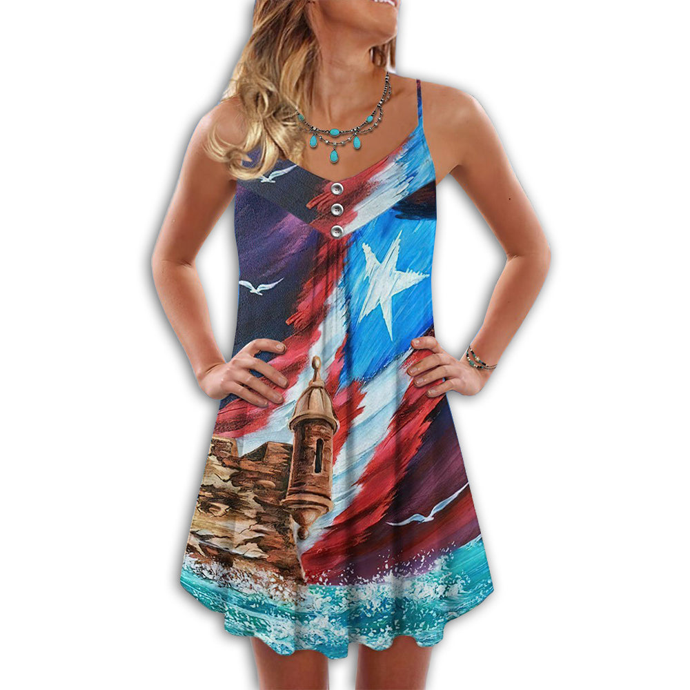 Puerto Rico Flag Beach – Women's Summer Sleeveless V-Neck Camisole Dress