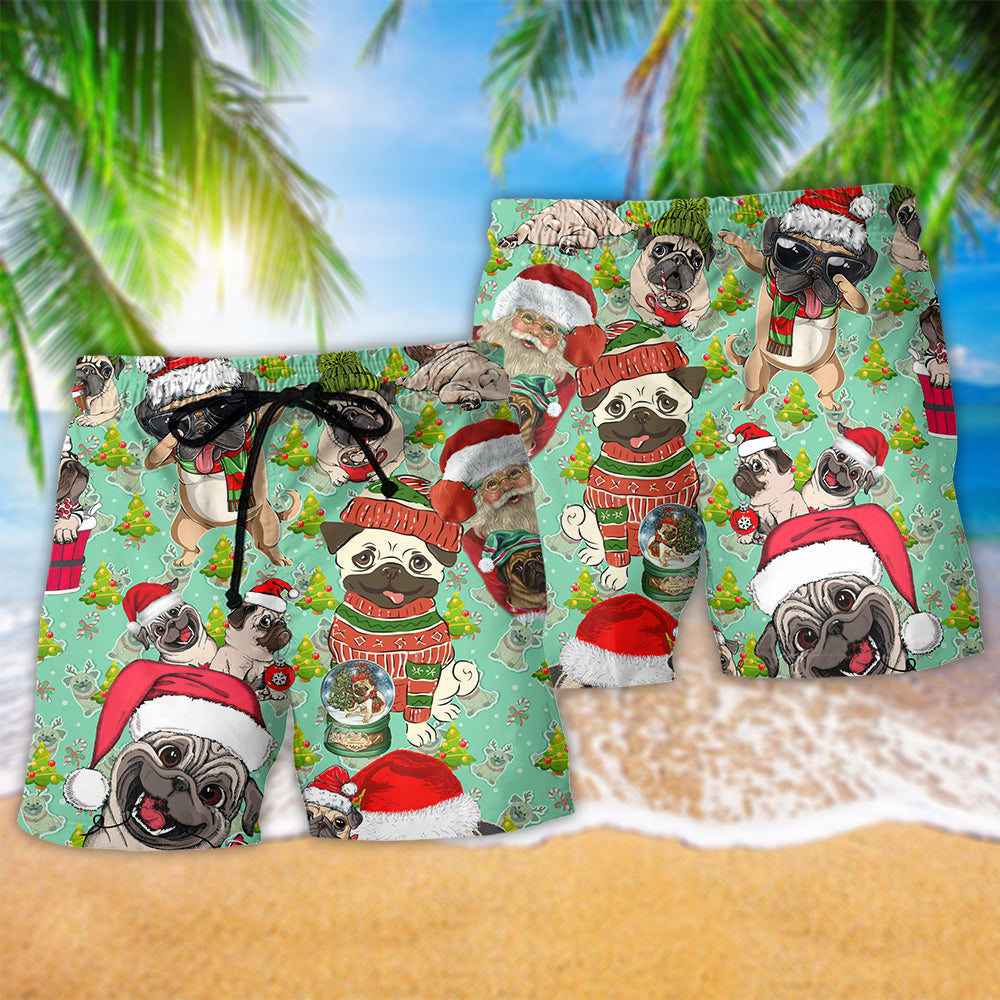 Pug Dog Merry Pugmas Christmas Art – Beach Short