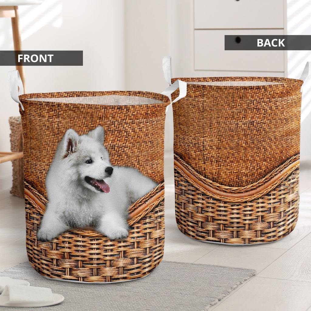 Samoyed Dog Rattan Teaxture - Laundry Basket - Owls Matrix LTD