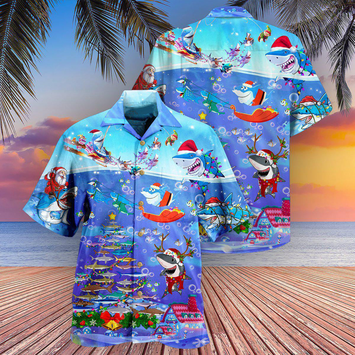 Christmas Shark Santa Bringing Ocean Gifts – Hawaiian Shirt