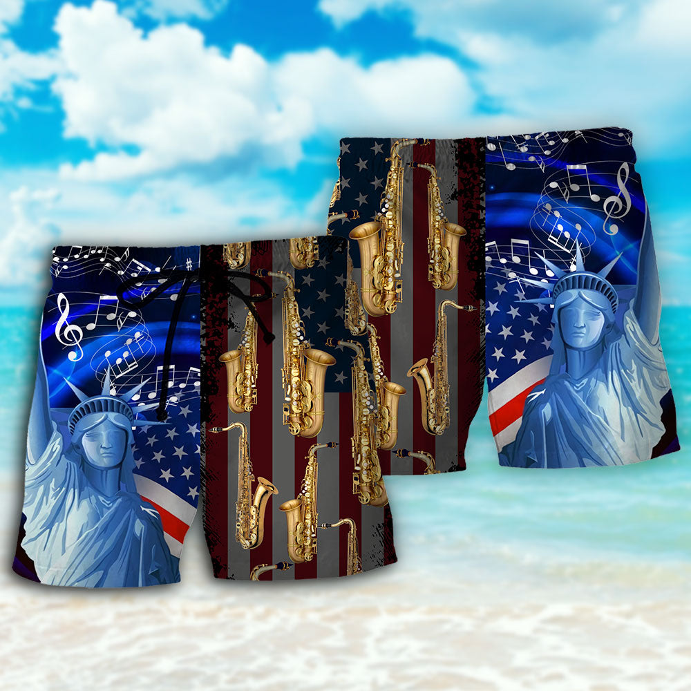 Saxophone Music USA Flag Independence Day - Beach Short - Owls Matrix LTD