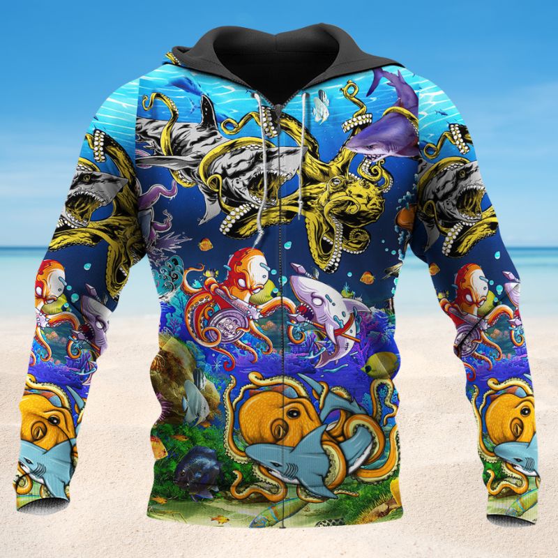 Shark And Octopus Colorful Fight - 3D Hoodie2