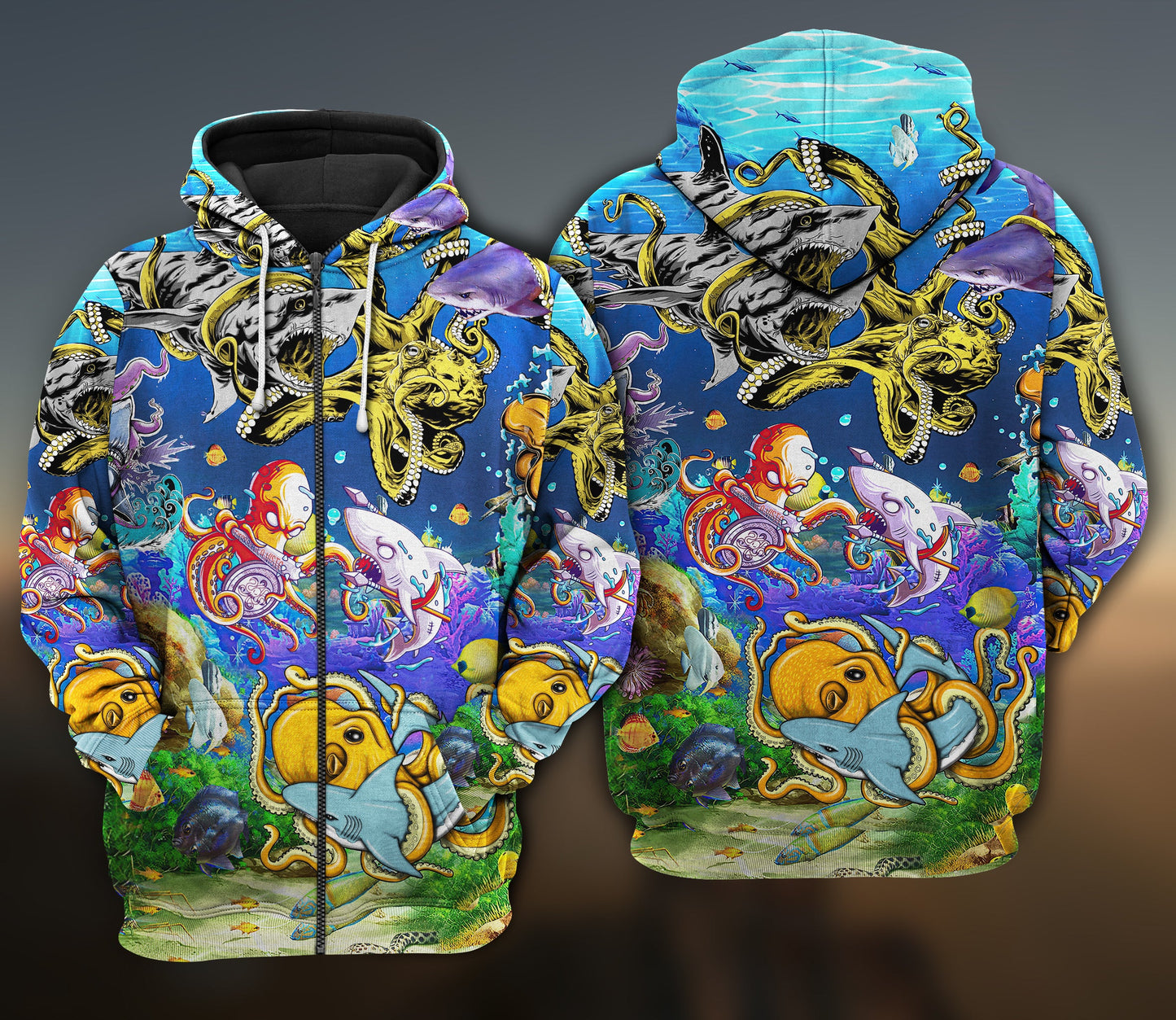 Shark Fighting Octopus Ocean Art – 3D Hoodie