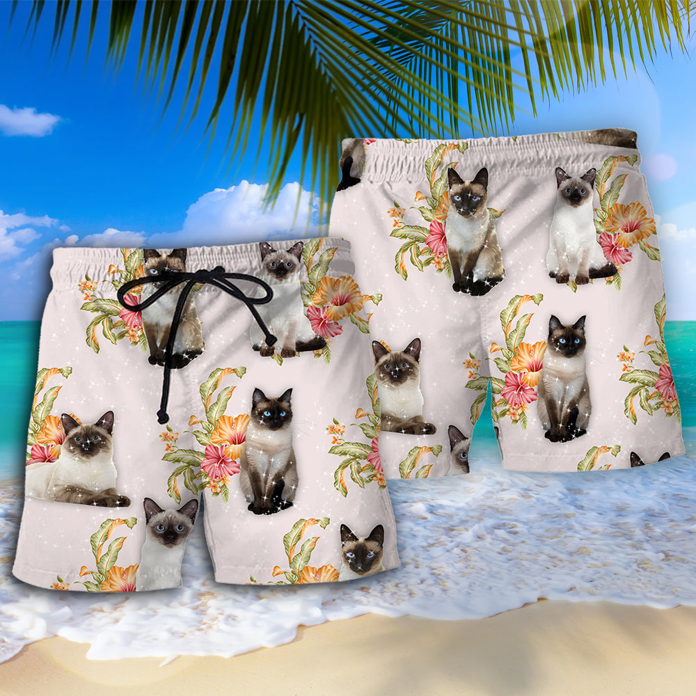 Siamese Cat Tropical Floral Design – Beach Short