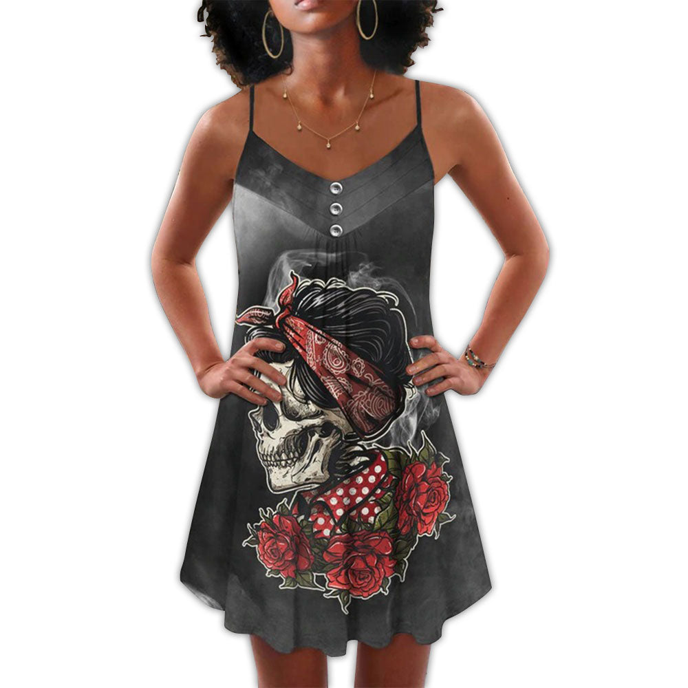 Dark Blur Skull Rose – Women's Summer Sleeveless V-Neck Camisole Dress